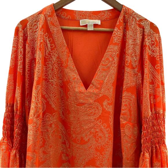 Michael Kors Poppy/Gold Samara Smocked Bell Sleeve Tunic Metallic Blouse Size 2X - Picture 3 of 13